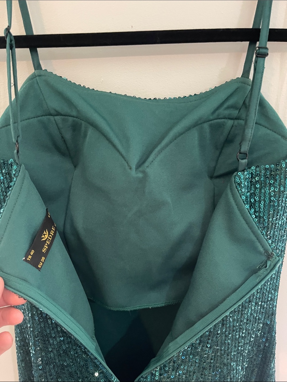 Dark Green mini dress, spaghetti straps, 100% embellished with sparkle size 6 - Picture 3 of 6